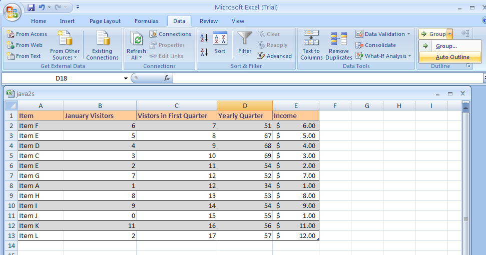 Create an Outline : Outline « Data Analysis « Microsoft Office Excel