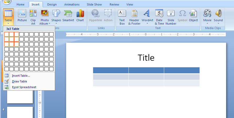 Insert A Table Table Chart Table Microsoft Office PowerPoint 2007 