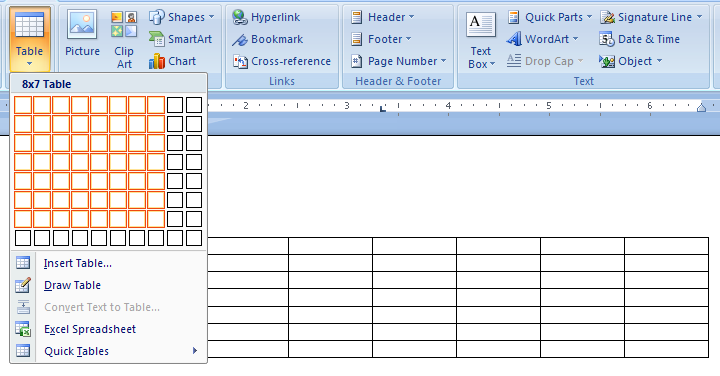 Create A New Table Table Create Table Microsoft Office Word 2007 